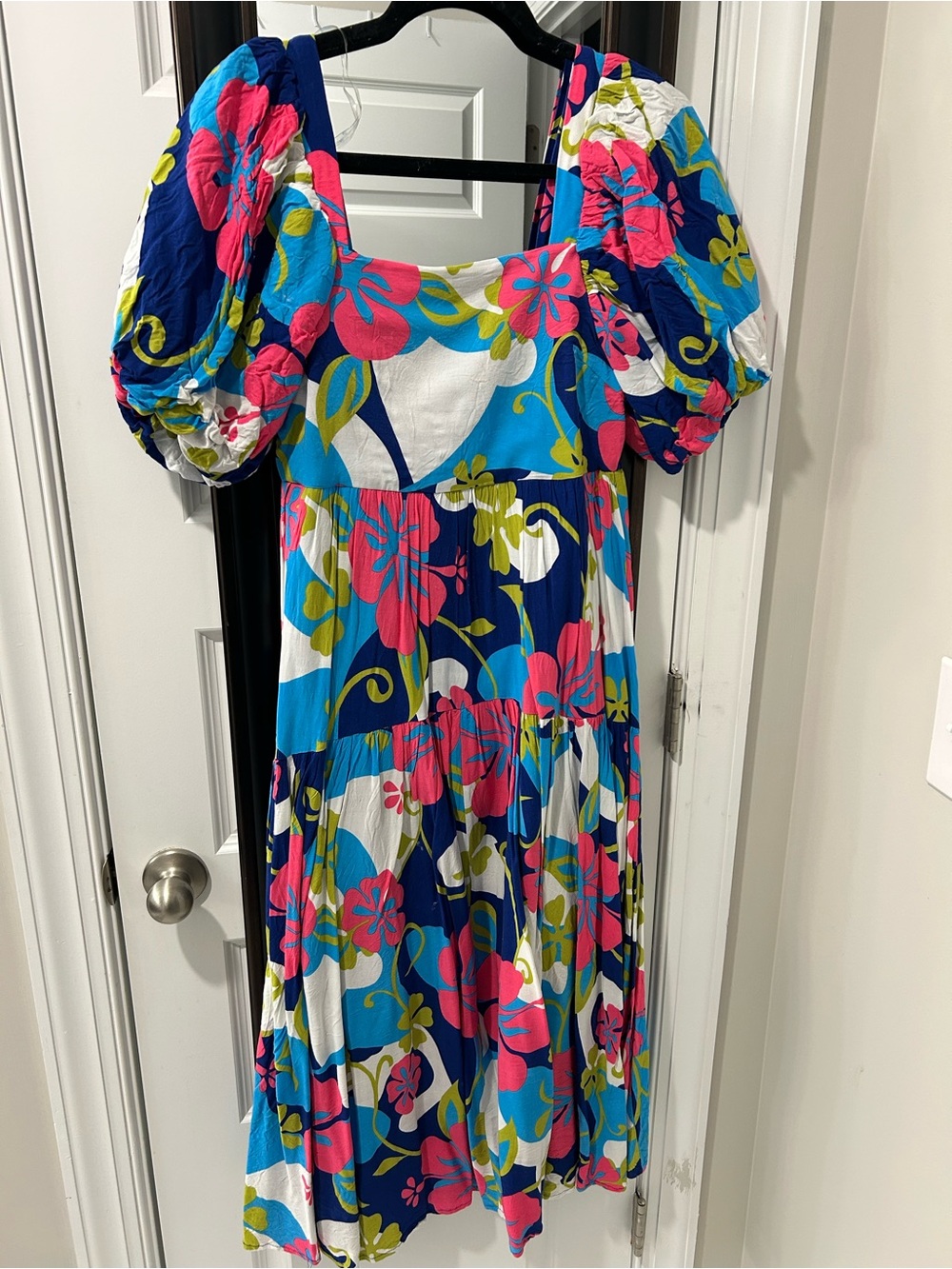 entro Blue, Pink and Lime Floral Puff-Sleeve Midi Dress